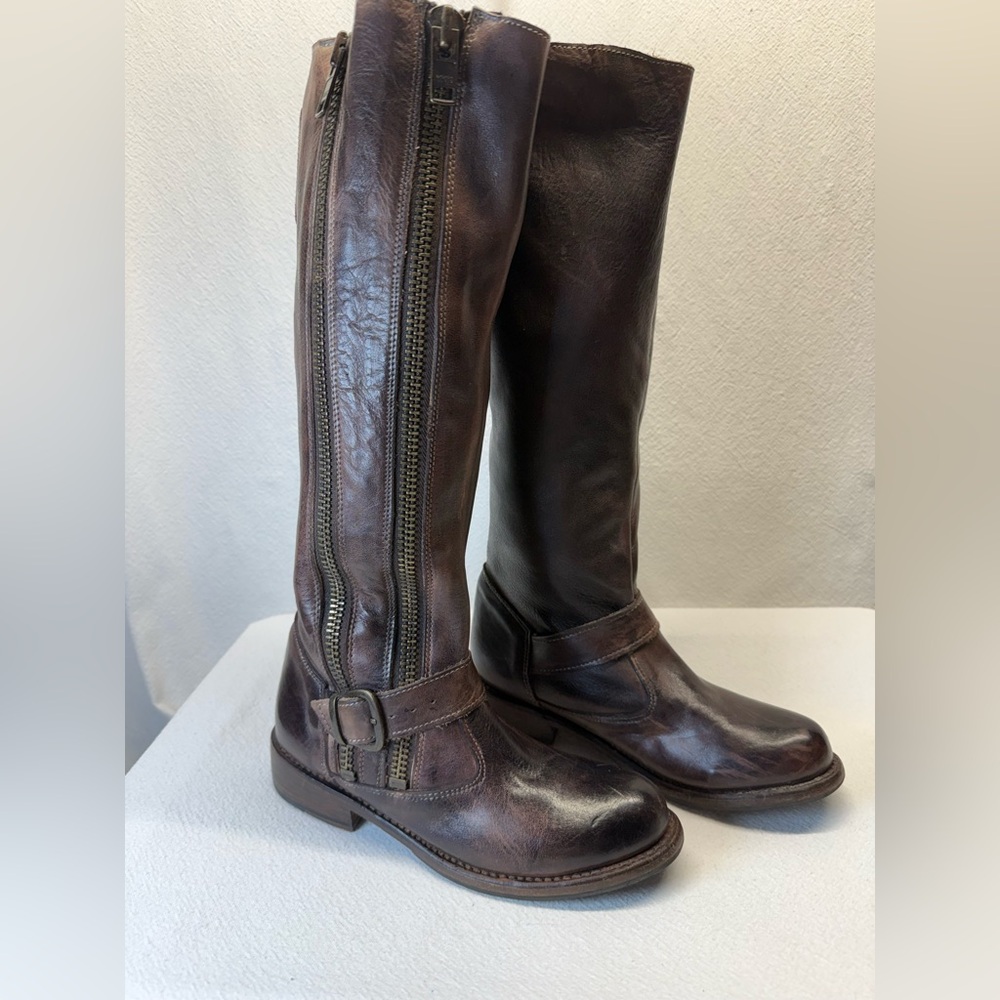 Distressed Moto Leather Boots Rustic Buckles & Straps Edgy Coolio Bench Made Brn